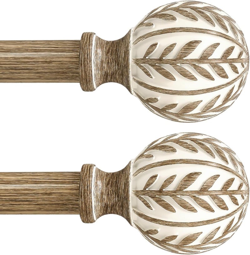 QDWIS 2 Pack Boho Wood Curtain Rods for Windows 66 to 120 inch,1" Adjustable Heavy Duty Window Curtain Rod with Imitation Wood Grain Finials,Rustic Decorative Drapery Rods Set 36-120'',Weathered Wood - Image 1